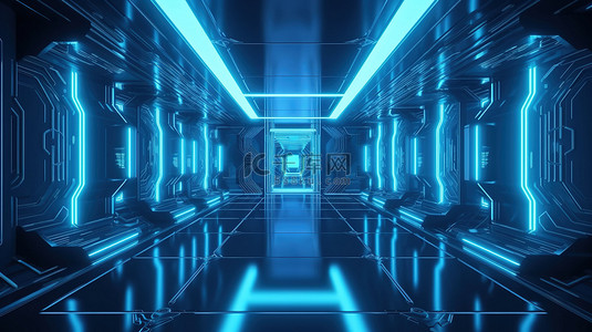 蓝色霓虹灯以 3D 渲染方式照亮未来派抽象房间内部，非常适合设计项目