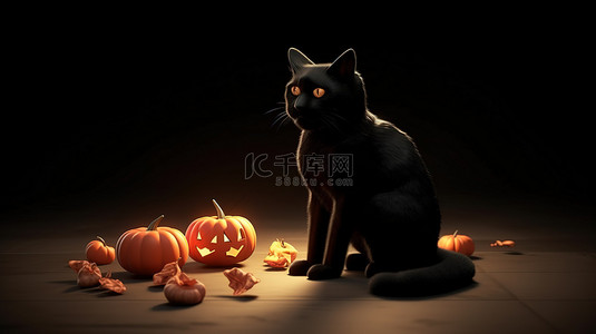 一只神秘的黑猫的万圣节主题 3d 渲染