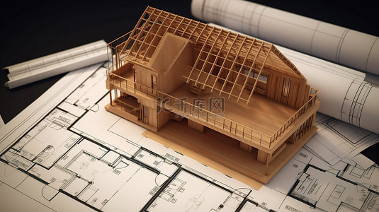 木桌面上显示的 3D 蓝图上描绘的房子