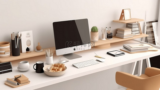 办公用品背景背景图片_当代工作空间展示了笔记本电脑模型和办公桌上的一系列办公用品 3D 插图
