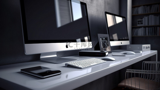 电脑办公桌面背景图片_时尚办公桌上的现代台式电脑，令人惊叹的 3D 渲染