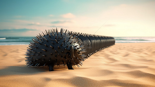 刺猬背景图片_海洋沙滩背景上带刺铁丝网的反坦克黑金属刺猬防御系统的 3D 渲染