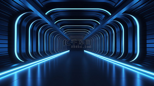 时尚的未来派蓝色走廊，以黑色背景 3D 呈现的空白模拟空间为特色