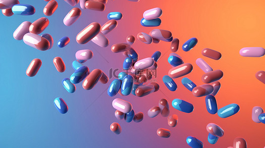 蓝色和橙色医用胶囊丸落在粉红色背景上的 3D 渲染