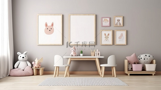 墙相框背景图片_斯堪的纳维亚风格的儿童游戏室，配有玩具填充相框儿童家具桌椅和架子 3D 渲染