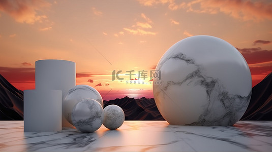 日落启发了抽象背景上的 3d 大理石渲染与品牌基座