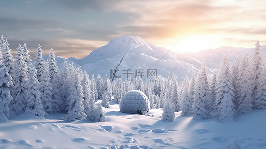 下雪背景图片_冰冻仙境雪山和北极景观中冰屋和松树林的 3D 渲染