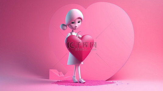 快乐情人节背景背景图片_情人节背景，3D 渲染角色拿着粉红色的心