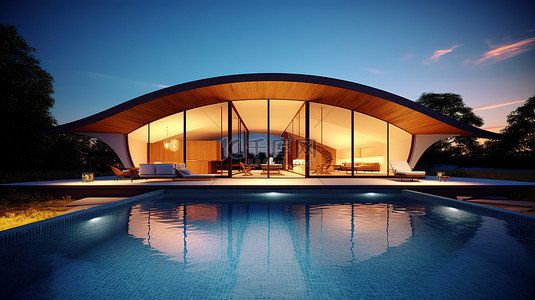 以 3D 建筑渲染呈现的当代最小房屋和游泳池的黎明景观