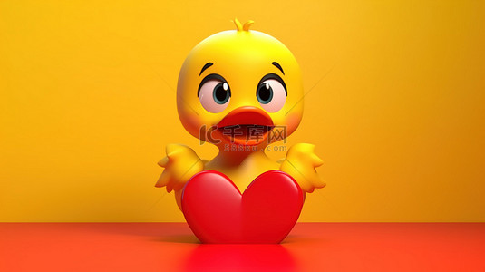 3D 渲染的可爱黄色卡通鸭人吉祥物，红心在充满活力的黄色背景上