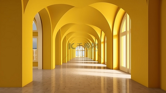 黄色展背景图片_带有黄色拱形墙的空室内空间的 3D 渲染