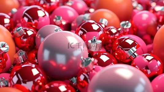脸刷背景图片_圣诞树丝带，上面有一系列彩色球和 3D 渲染的化妆品