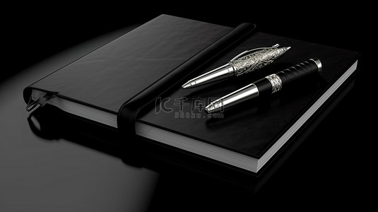深色背景上钢笔和黑色笔记本的 3D 插图