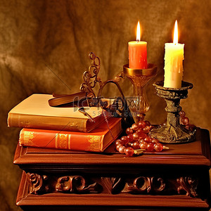 桌子上有书和两根蜡烛