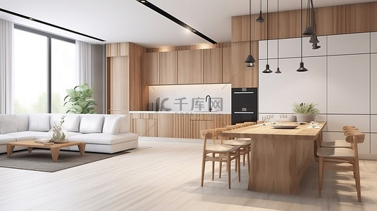 家居房背景图片_时尚的 3D 渲染木制厨房，配有白色沙发和用餐区