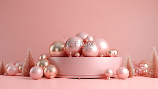 粉红色海报背景背景图片_3d 玫瑰金讲台上柔和的粉红色圣诞背景节日的节日模型横幅