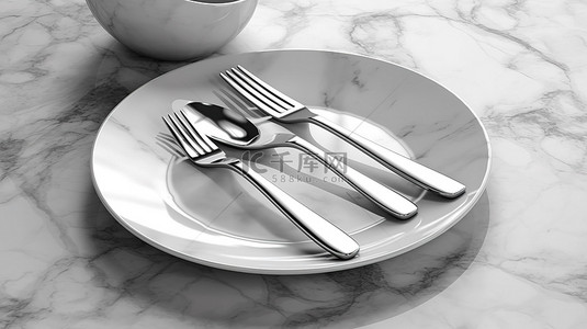 厨具简约背景图片_大理石底座上的简约餐具 3D 概念