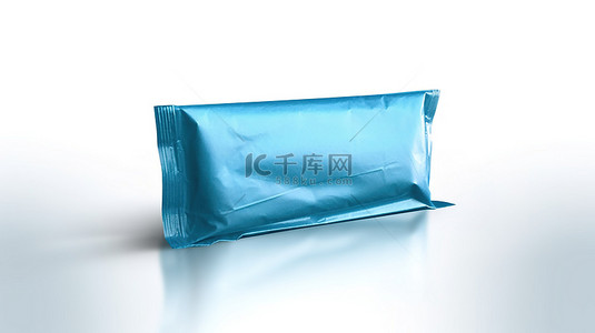 用蓝色空白包装纸在白色背景上对湿巾袋进行 3D 渲染