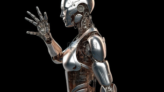用 3D 渲染手指指向的女性机器人或机器人的孤立后视图