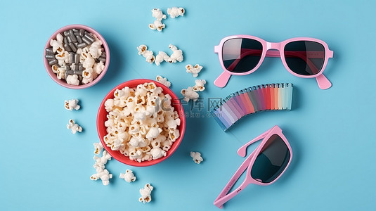 娱乐必需品拍板爆米花碗 3D 眼镜和录像带粉红色和蓝色背景顶视图和平躺