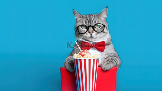 戴着时髦猫的 3D 眼镜在蓝色背景下的电影中享用爆米花和可乐，带有滑稽的扭曲