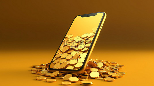 金币金色背景图片_金色背景上有金币的手机模型的 3D 渲染