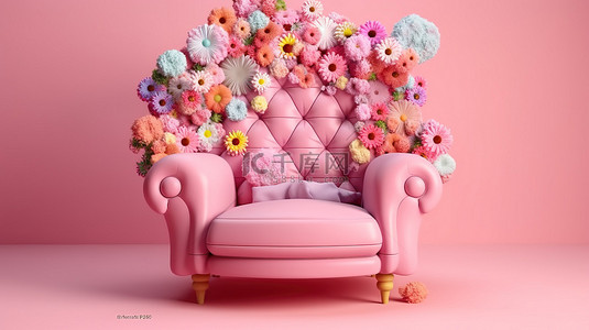 柔和的粉红色背景，五颜六色的花朵落在粉红色的扶手椅上 3D 渲染的广告概念