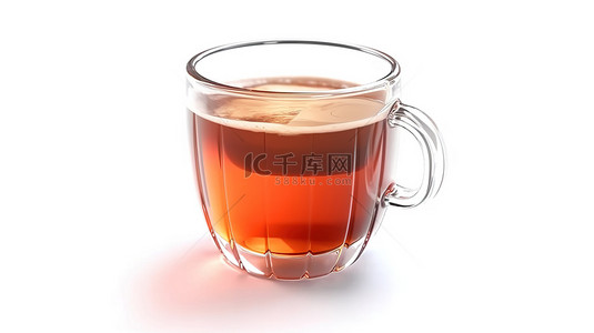 白色隔离背景下玻璃杯中红茶的 3D 渲染