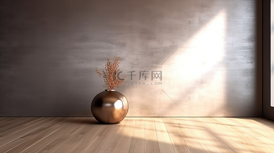 混凝土墙房间的真实 3D 渲染，木地板由自然光背光，并配有引人注目的镀铬花瓶
