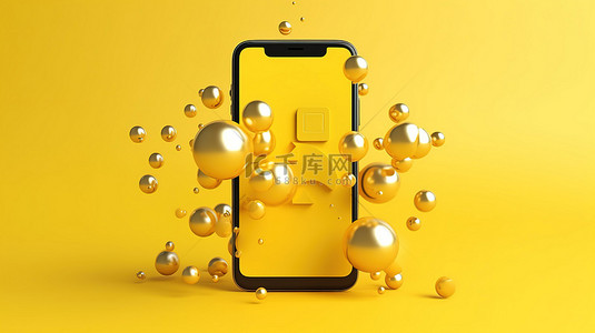 简约的黄色背景，配有智能手机和聊天气泡模型，非常适合社交媒体消息或短信