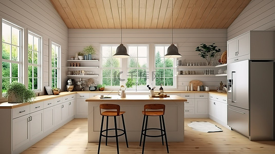 厨房白色背景图片_乡村农舍厨房内部框架模型的 3D 渲染