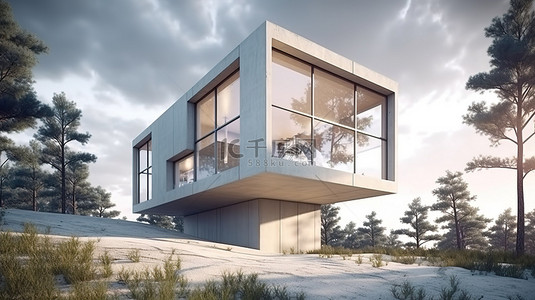三层房子背景图片_具有自然景观的简约垂直矩形房屋三层现代住宅的 3D 渲染插图