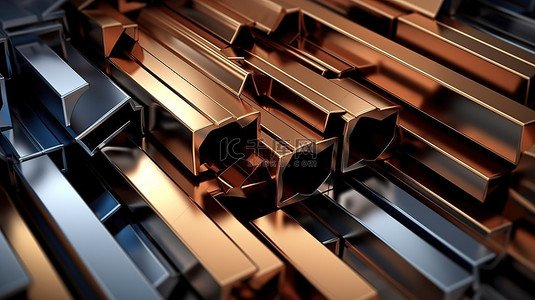 不同形状和尺寸的铁和铜金属型材的各种 3D 渲染