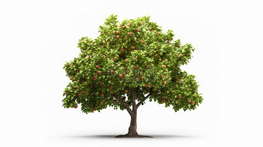 3d 渲染一棵栩栩如生的苹果树，叶子丰富，白色背景隔离