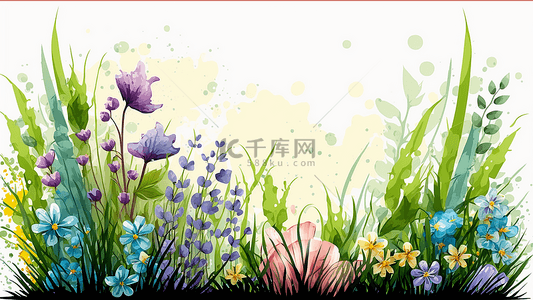 草地水彩背景图片_花卉嫩绿色草丛粉色花朵水彩背景