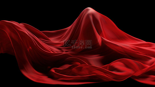 深红色布在黑色背景下飘扬的 3D 渲染