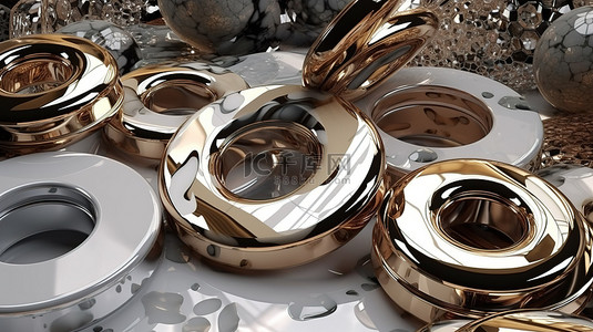 大理石和金属表面周围环绕着 3D 渲染的抽象金属圆圈