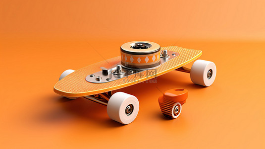 充满活力的橙色背景 3D 渲染的时尚滑板全套演示