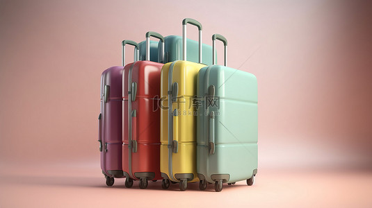 旅行概念彩色背景与 3D 手提箱和行李箱的文本空间