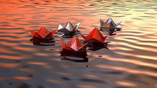 水上纸船背景图片_纸和金属折纸船在水上滑行的 3d 渲染