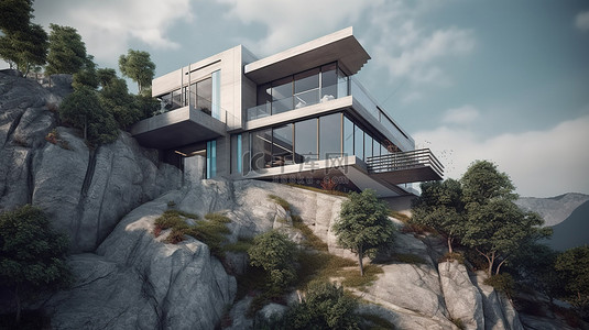 水之道背景图片_山崖上的现代建筑别墅 3d 渲染