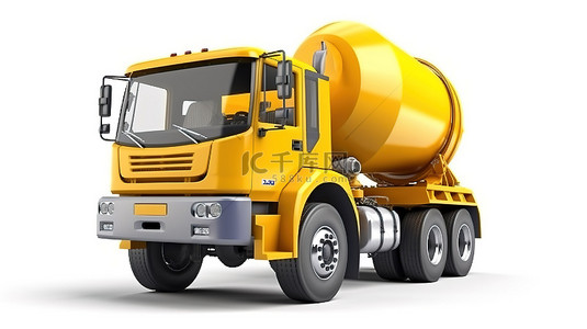 logo卡车背景图片_白色背景下建筑设备混凝土搅拌车的 3d 渲染