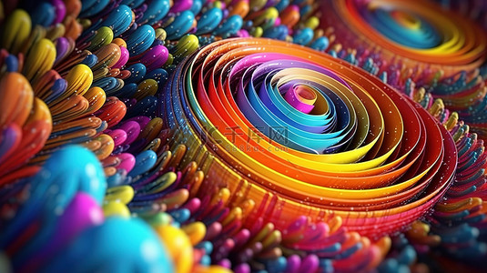 明亮颜色的充满活力的粒子和旋转螺旋的 3D 渲染抽象插图