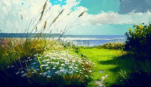草地海边蓝天插图背景