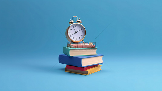 蓝色教学背景图片_体现3D教育理念的蓝色背景书籍和时钟