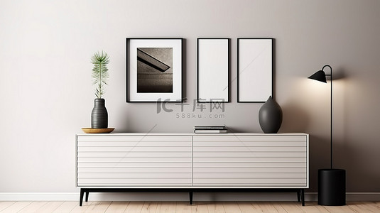 优雅的白色室内样机海报，配有时尚的餐具柜和家居装饰 3D 渲染插图