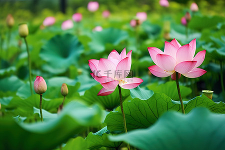 绿色的池塘背景图片_一朵粉红色的莲花坐在绿色的田野里