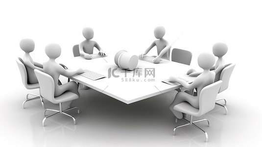 简短的背景图片_白色背景会议桌，有 3D 人物参加会议