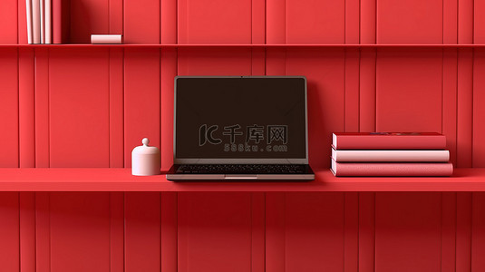 方形背景的 3D 插图，红色架子上装有笔记本电脑