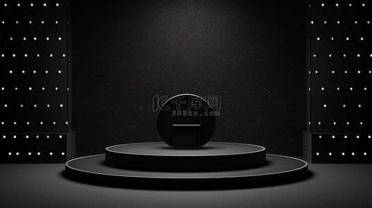 黑色讲台和虚线背景的 3D 渲染，带有黑色横幅和产品展示广告